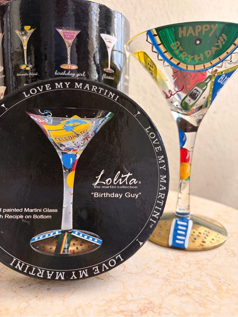 Lolita Hand-Painted Birthday Martini Glass in Green, Blue, Yellow, Red